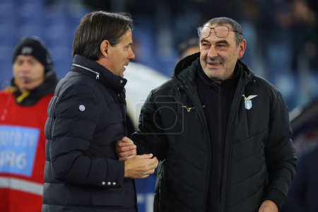 Photo for Rome, Italy 17.12.2023: Simone Inzaghi of Inter greet Maurizio Sarri of Lazio  in  the Italian Serie A TIM 2023-2024 football match SS Lazio vs FC Internazionale at Olympic Stadium in Rome. - Royalty Free Image