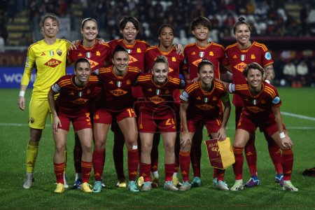 Photo for Rome, Italy 20.12.2023: AS ROMA team lined-up before  the UEFA WOMEN CHAMPIONS League 2023-2024 football match AS ROMA vs Paris Saint-Germain at tre fontane stadium in Rome. - Royalty Free Image