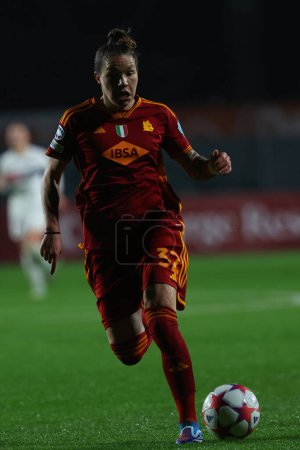 Photo for Rome, Italy 20.12.2023: Elena Linari (Roma) in action during  the UEFA WOMEN CHAMPIONS League 2023-2024 football match AS ROMA vs Paris Saint-Germain at tre fontane stadium in Rome. - Royalty Free Image