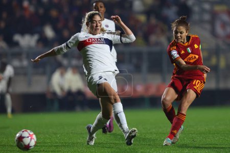 Photo for Rome, Italy 20.12.2023: in action during  the UEFA WOMEN CHAMPIONS League 2023-2024 football match AS ROMA vs Paris Saint-Germain at tre fontane stadium in Rome. - Royalty Free Image