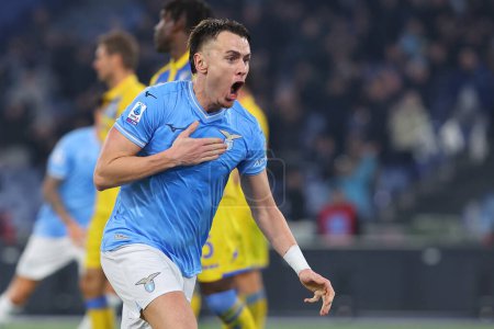 Photo for Rome, Italy 29.12.2023: Patric of Lazio  score the goal 3-1 and celebrate with the team during  the Italian Serie A TIM 2023-2024 football match SS Lazio vs Frosinone at Olympic Stadium in Rome. - Royalty Free Image