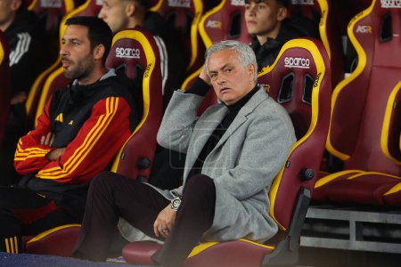 Foto de Rome, Italy 03.01.2024: Jose Mourinho coach of Roma in  the ITALY TIM CUP 2023-2024, round of 16,  football match AS ROMA VS CREMONESE at Olympic Stadium in Rome. - Imagen libre de derechos