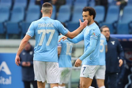 Photo for Rome, Italy 14.01.2024: Felipe Anderson of Lazio score the goal  1-0 and celebrate with the team  during  the Italian Serie A TIM 2023-2024 football match SS Lazio vs US Lecce at Olympic Stadium in Rome. - Royalty Free Image