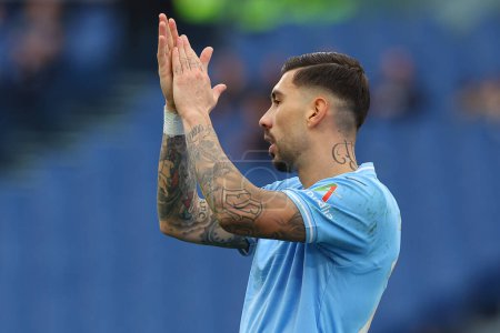 Photo for Rome, Italy 14.01.2024: Mattia Zaccagni of Lazio applauds  during  the Italian Serie A TIM 2023-2024 football match SS Lazio vs US Lecce at Olympic Stadium in Rome. - Royalty Free Image