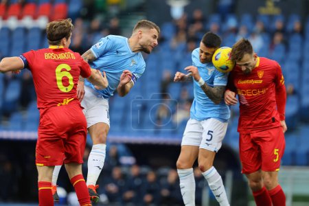 Photo for Rome, Italy 14.01.2024: Ciro Immobile of Lazio , Matias Vecino of Lazio , Pongracic of Lecce in action during  the Italian Serie A TIM 2023-2024 football match SS Lazio vs US Lecce at Olympic Stadium in Rome. - Royalty Free Image