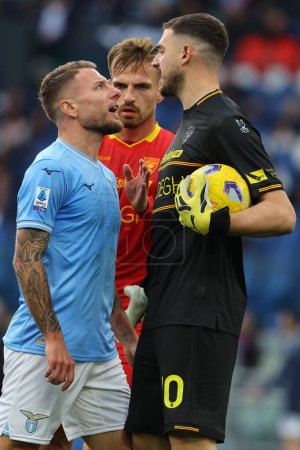 Photo for Rome, Italy 14.01.2024: Falcone of Lecce argue with Ciro Immobile of Lazio during  the Italian Serie A TIM 2023-2024 football match SS Lazio vs US Lecce at Olympic Stadium in Rome. - Royalty Free Image