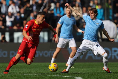 Photo for Rome, Italy 14.01.2024: Colombo of Lecce, Nicolo Rovella of Lazio in action during  the Italian Serie A TIM 2023-2024 football match SS Lazio vs US Lecce at Olympic Stadium in Rome. - Royalty Free Image