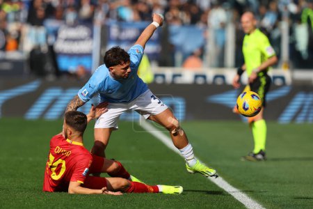 Photo for Rome, Italy 14.01.2024: Luca Pellegrini of Lazio , Olin of Lecce in action during  the Italian Serie A TIM 2023-2024 football match SS Lazio vs US Lecce at Olympic Stadium in Rome. - Royalty Free Image