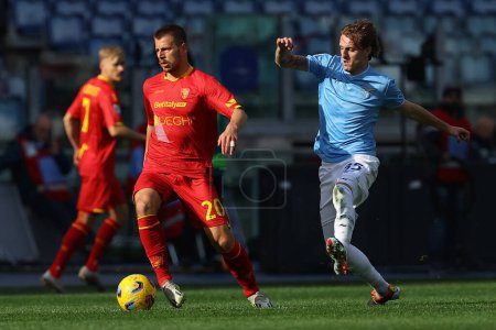 Photo for Rome, Italy 14.01.2024: Samek of Lecce, Nicolo Rovella of Lazio  in action during  the Italian Serie A TIM 2023-2024 football match SS Lazio vs US Lecce at Olympic Stadium in Rome. - Royalty Free Image