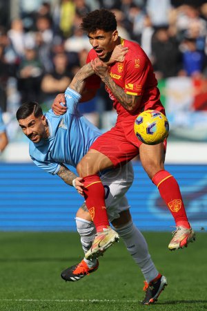 Photo for Rome, Italy 14.01.2024: Mattia Zaccagni of Lazio  fight for the ball with Gendrey of Lecce during  the Italian Serie A TIM 2023-2024 football match SS Lazio vs US Lecce at Olympic Stadium in Rome. - Royalty Free Image