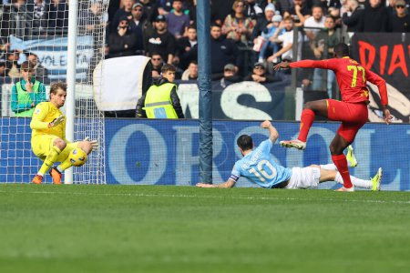 Photo for Rome, Italy 14.01.2024: Ivan Provedel of Lazio save the goal, Ceesay of Lecce during  the Italian Serie A TIM 2023-2024 football match SS Lazio vs US Lecce at Olympic Stadium in Rome. - Royalty Free Image
