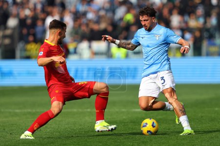 Photo for Rome, Italy 14.01.2024: \Oudin of Lecce, Luca Pellegrini of Lazio  in action during  the Italian Serie A TIM 2023-2024 football match SS Lazio vs US Lecce at Olympic Stadium in Rome. - Royalty Free Image