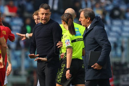 Photo for Rome, Italy 14.01.2024: Roberto D'Aversa coach Lecce protest with referee at end of first time in  the Italian Serie A TIM 2023-2024 football match SS Lazio vs US Lecce at Olympic Stadium in Rome. - Royalty Free Image