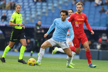 Photo for Rome, Italy 14.01.2024: Felipe Anderson of Lazio , Pongracic of Lecce in action during  the Italian Serie A TIM 2023-2024 football match SS Lazio vs US Lecce at Olympic Stadium in Rome. - Royalty Free Image