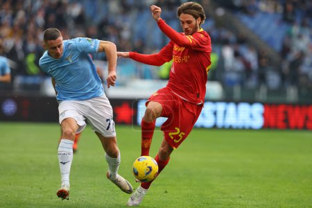 Photo for Rome, Italy 14.01.2024:  Adam Marusic of Lazio , Gallo of Lecce in action during  the Italian Serie A TIM 2023-2024 football match SS Lazio vs US Lecce at Olympic Stadium in Rome. - Royalty Free Image