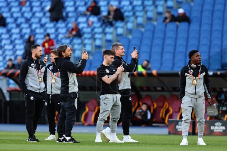 Photo for Rome, Italy 07.03.2024:  Brighton players enter the pitch and greet the fans before the UEFA Europa League 2023-2024, round 16, football match between AS Roma vs Brighton & Hove Albion at Olympic Stadium in Rome. - Royalty Free Image