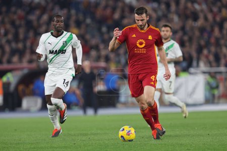 Photo for Rome, Italy 17.03.2024: Pedro Obiang of Sassuolom Bryan Cristante of Roma during the Italy Serie A TIM 2023-2024 football match AS Roma vs US Sassuolo Calcio at Olympic Stadium in Rome. - Royalty Free Image