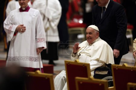 Photo for Vatican City, Italy 30.03.2024: Pope Francis presides over the rite of the Easter vigil at the Altare della Confessione, St. Peter's Basilica for the Holy Week of Easter in Vatican City. - Royalty Free Image
