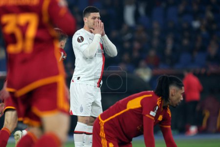 Photo for Rome, Italy 18.04.2024: Christian Pulisic of Milan disappointment  during the UEFA Europa League 2023-2024, quarter final , football match between AS Roma vs AC Milan at Olympic Stadium in Rome. - Royalty Free Image