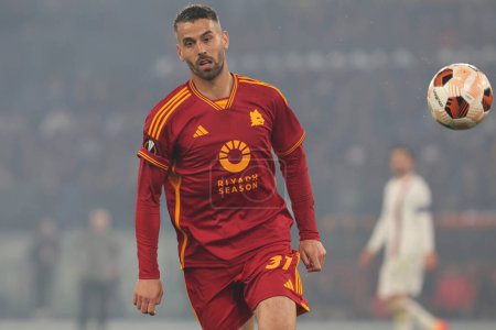 Photo for Rome, Italy 18.04.2024:  Leonardo Spinazzola of Roma during the UEFA Europa League 2023-2024, quarter final , football match between AS Roma vs AC Milan at Olympic Stadium in Rome. - Royalty Free Image