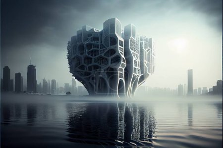Photo pour Futuristic city skyline with skyscrapers and fog. 3d illustration - image libre de droit