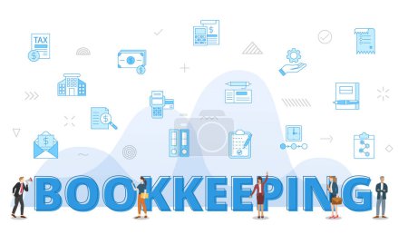 Illustration for Bookkeeping concept with big words and people surrounded by related icon spreading with modern blue color style vector illustration - Royalty Free Image
