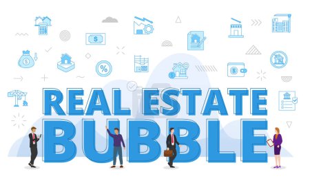 Téléchargez les illustrations : Concept de bulle immobilière avec de grands mots et les gens entourés par l'icône connexe se répandant avec l'illustration vectorielle de style de couleur bleue moderne - en licence libre de droit