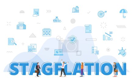 Illustration for Stagflation concept with big words and people surrounded by related icon spreading with modern blue color style vector illustration - Royalty Free Image