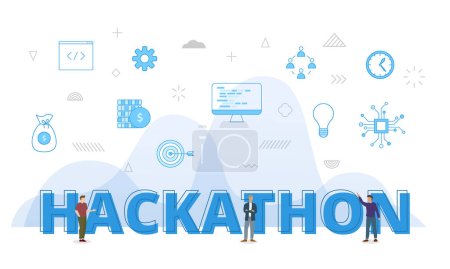 concepto de hackathon con grandes palabras y personas rodeadas de icono relacionado que se extiende con el vector de estilo de color azul moderno