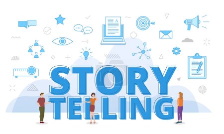 Illustration for Story telling concept with big words and people surrounded by related icon spreading with modern blue color style vector - Royalty Free Image