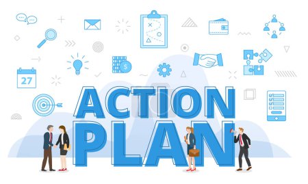 Illustration for Action plan concept with big words and people surrounded by related icon spreading with modern blue color style vector - Royalty Free Image