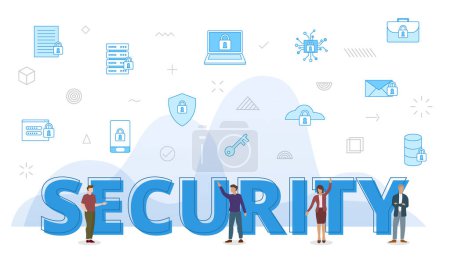 Ilustración de Concepto de seguridad de Internet con grandes palabras y personas rodeadas de iconos relacionados que se extienden con ilustración de vectores de color azul - Imagen libre de derechos
