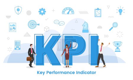 Illustration for Kpi key performance indicator concept with big words and people surrounded by related icon spreading with blue color vector illustration - Royalty Free Image