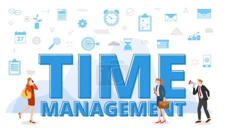 Illustration for Time management concept with big words and people surrounded by related icon spreading with blue color vector illustration - Royalty Free Image