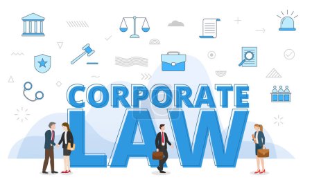 Ilustración de Concepto de derecho corporativo con grandes palabras y personas rodeadas de iconos relacionados que se extienden con ilustración de vectores de color azul - Imagen libre de derechos