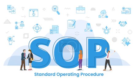 Illustration for Sop standard operating procedure concept with big words and people surrounded by related icon spreading vector illustration - Royalty Free Image