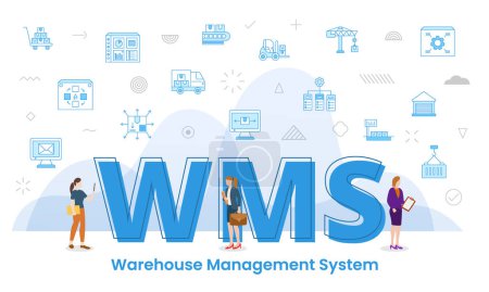 Illustration for Wms warehouse management concept with big words and people surrounded by related icon spreading vector illustration - Royalty Free Image