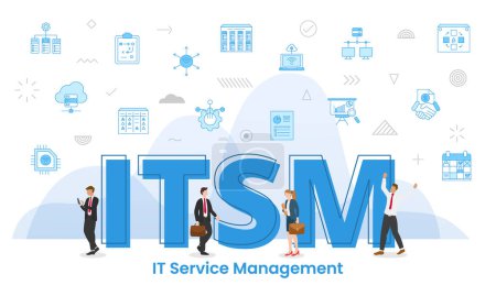 Ilustración de Itsm information technology service management concept with big words and people surrounded by related icon spreading vector illustration - Imagen libre de derechos
