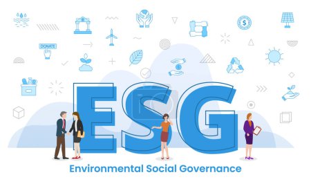 esg environmental social governance concept with big words and people surrounded by related icon spreading vector illustration