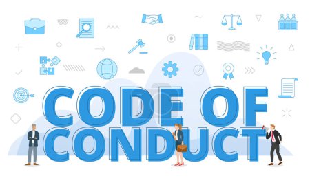 Ilustración de Code of conduct concept with big words and people surrounded by related icon with blue color style vector illustration - Imagen libre de derechos