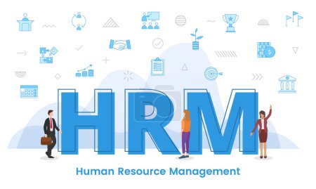 Ilustración de Hrm human resource management concept with big words and people surrounded by related icon with blue color style vector illustration - Imagen libre de derechos