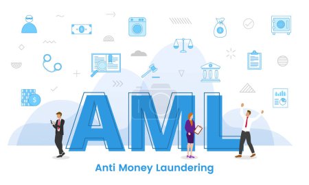 aml anti money laundering concept with big words and people surrounded by related icon with blue color style vector illustration