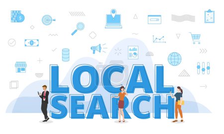 Téléchargez les illustrations : Local search concept with big words and people surrounded by related icon with blue color style vector illustration - en licence libre de droit