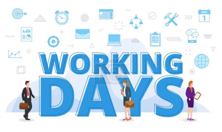 Téléchargez les illustrations : Working days concept with big words and people surrounded by related icon with blue color style vector illustration - en licence libre de droit