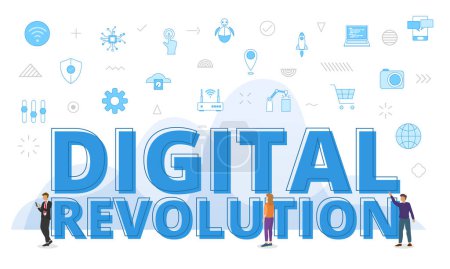 Téléchargez les illustrations : Digital revolution concept with big words and people surrounded by related icon with blue color style vector illustration - en licence libre de droit