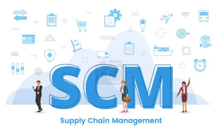Ilustración de Scm supply chain management concept with big words and people surrounded by related icon with blue color style vector illustration - Imagen libre de derechos