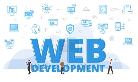 concepto de sitio web de desarrollo web con grandes palabras y personas rodeadas de icono relacionado con el color azul estilo vector ilustración