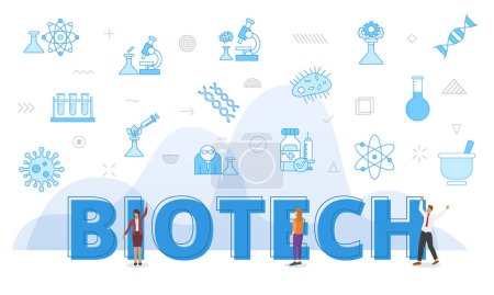 concept de biotechnologie avec de grands mots et les gens entourés par l'icône connexe avec illustration vectorielle de style de couleur bleue
