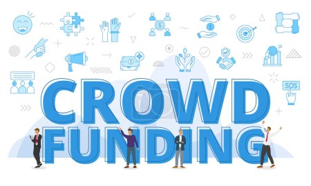 Crowdfunding-Konzept mit großen Worten und Menschen umgeben von verwandten Symbolen mit blauem Farbstilvektor