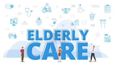 Téléchargez les illustrations : Concept de soins aux personnes âgées avec de grands mots et les gens entourés par l'icône connexe avec un vecteur de style de couleur bleue - en licence libre de droit